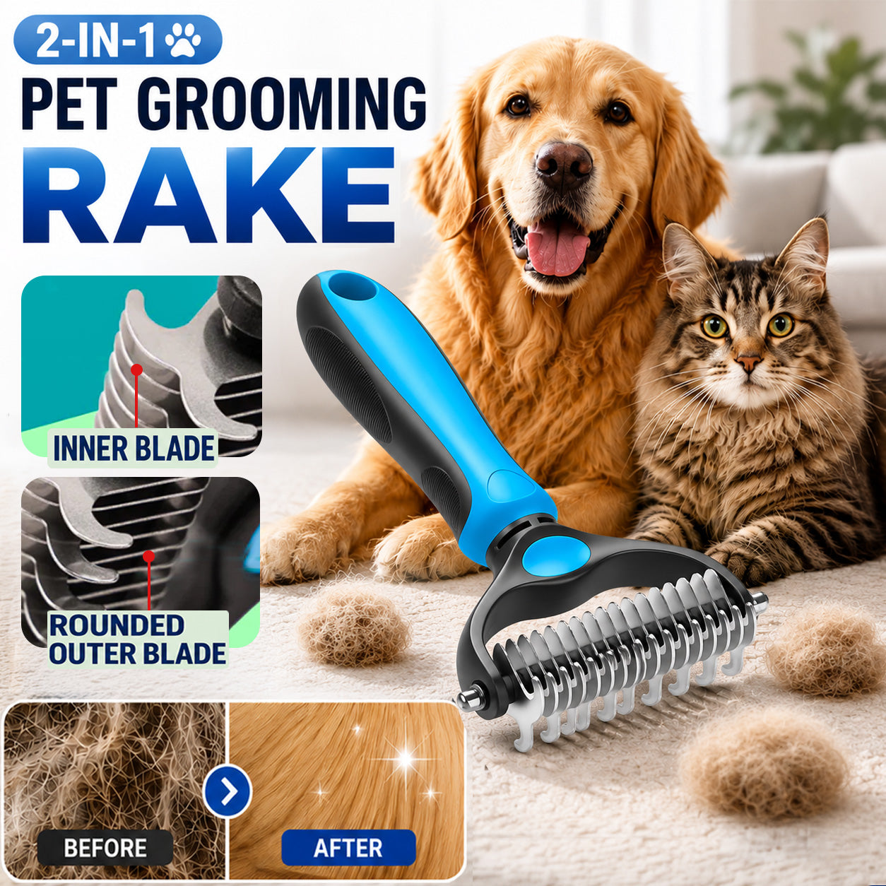Professional Double-Sided Pet Grooming Rake ✨ Undercoat Deshedding Tool for Dogs & Cats 🐶🐱
