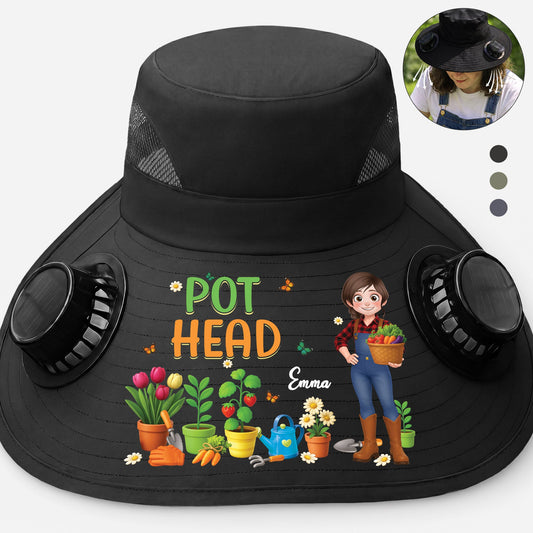Personalised Pot Head Solar Fan Hat for Gardeners