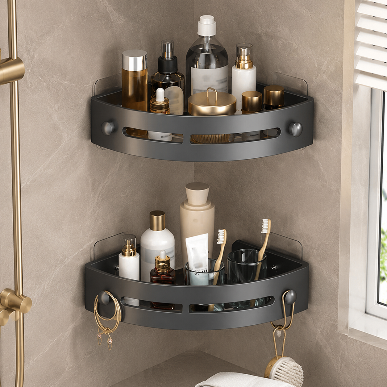 🔥 Bathroom Storage Upgrade 🚿 No-Drill Triangle Shower Caddy with Strong Adhesive & Fast Drainage (offer)